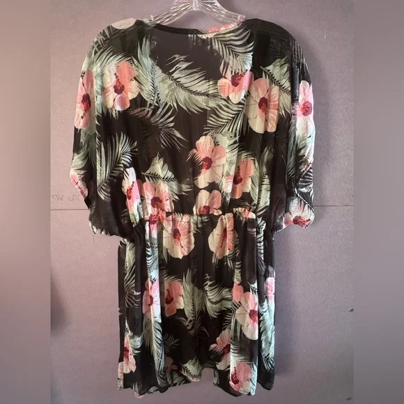 Miken Black and Pink Sheer Open Front cinch tie waist Swim Cover-Up Size XL - Picture 7 of 12